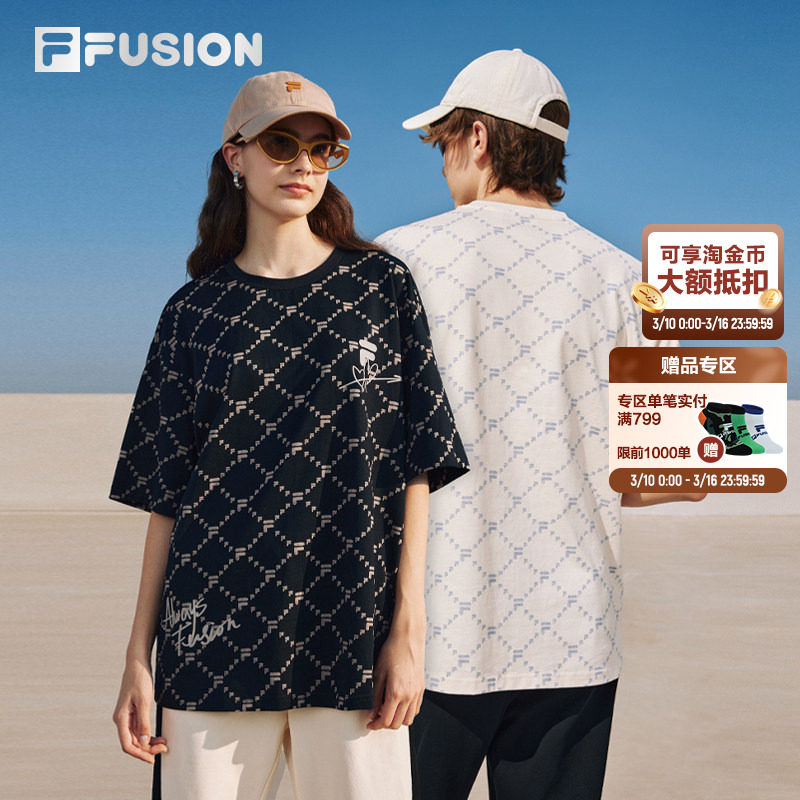 FILA FUSION斐乐潮牌情侣短袖T恤春夏季男女休闲老花宽松内搭上衣