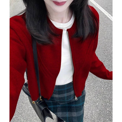 红色新中式针织开衫外套女秋冬新品韩系气质高级感超好看毛衣外套