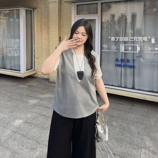 新款 大码 拼色圆领半袖 上衣胖MM夏季 女 设计感假两件短袖