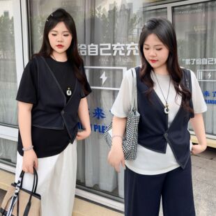 百搭T恤半袖 胖妹妹夏季 上衣9701 大码 洋气假两件短袖 新款 韩版