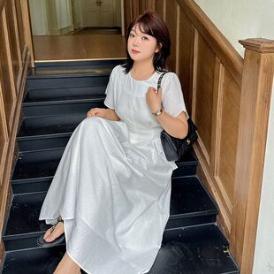 胖mm收腰连衣裙环扣圆领大码女装新款长裙