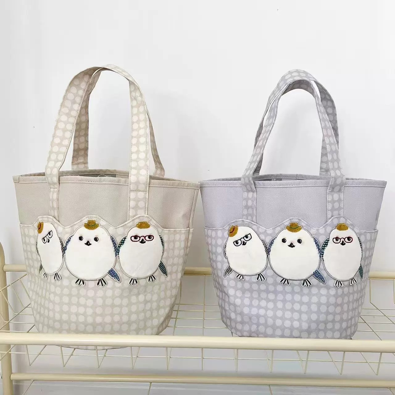 日本Kusuguru正品刺绣小鸡手提包手拎包大号水桶包通勤布艺503