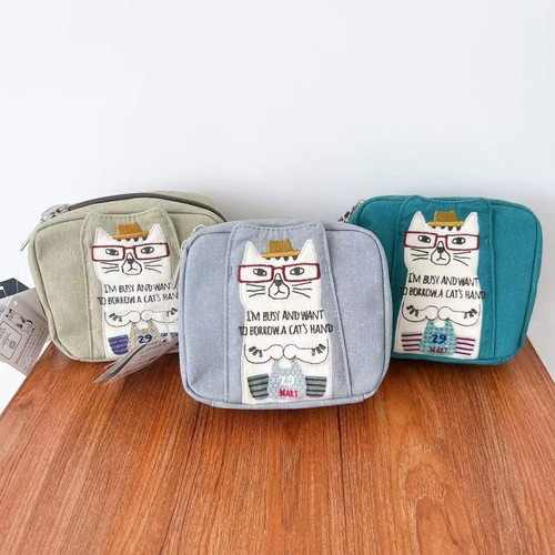 日本Kusuguru正品刺绣猫咪零钱包化妆包帆布手拿包小物收纳包400