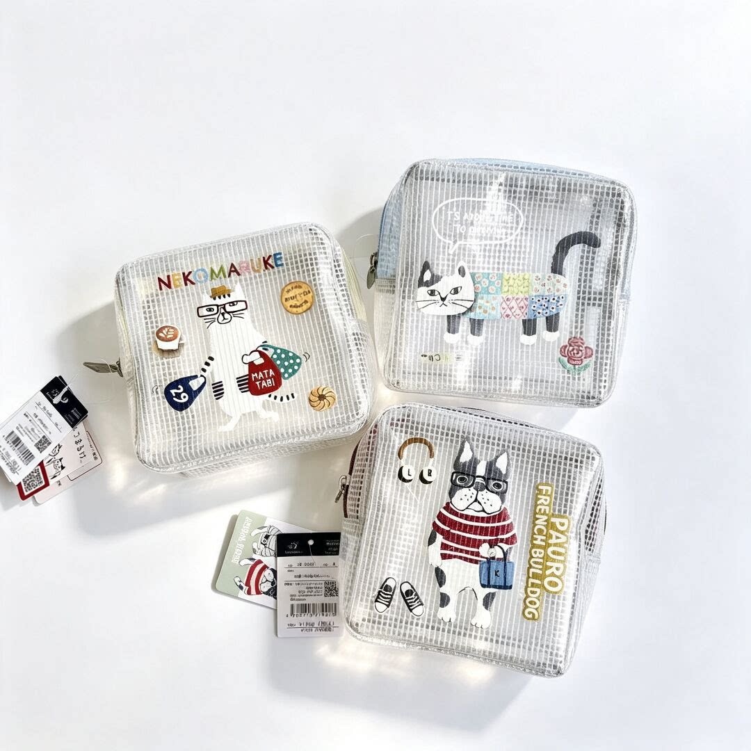 日本Kusuguru正品数码印猫咪法斗零钱包PVC网格小物收纳包防水550