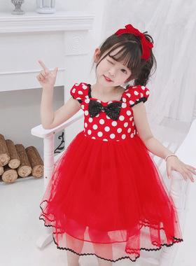 夏新款女童米妮公主裙波点网纱蓬蓬裙迪士尼Minnie Mouse cos表演