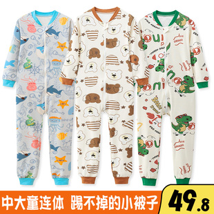 2防踢3 大童纯棉儿童睡衣连体护肚防着凉男童女孩宝宝连体衣春秋季