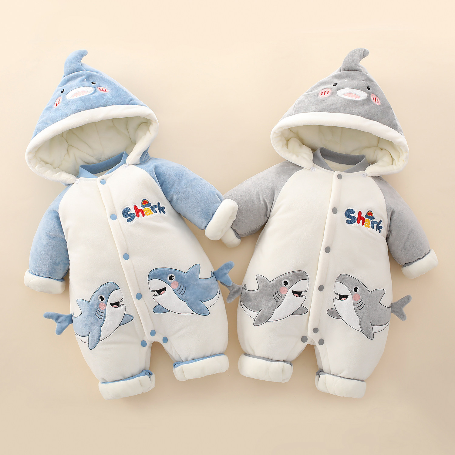 鲨鱼卡通秋冬婴儿连体衣加厚加绒