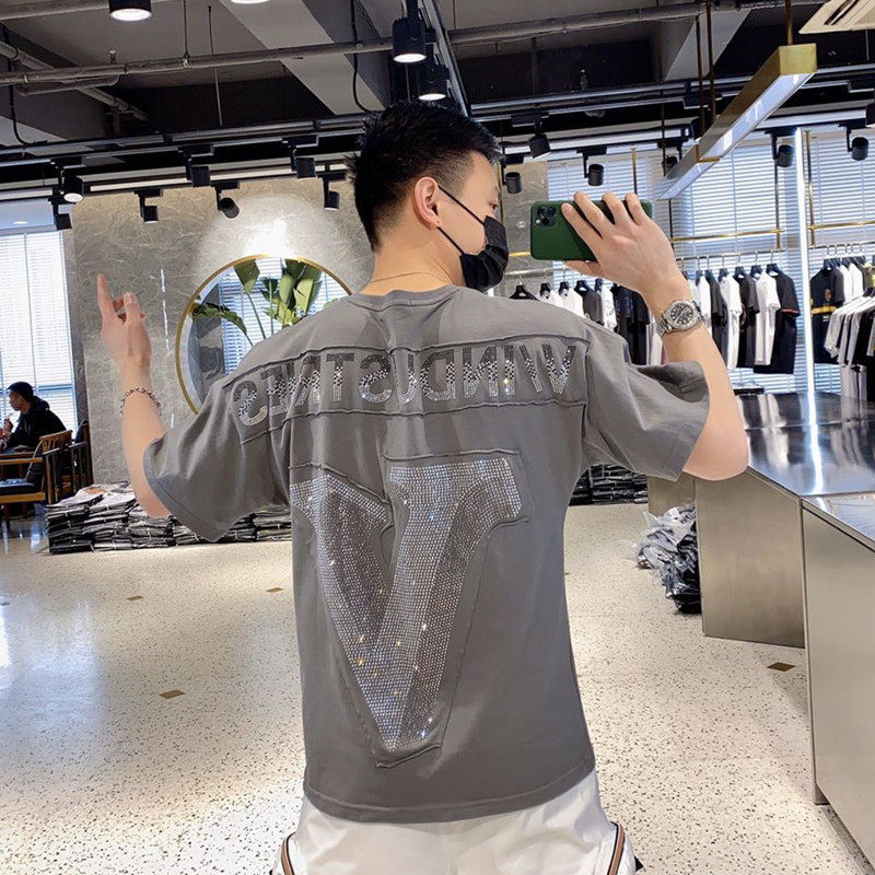 欧美短袖男潮牌 潮流韩版重工烫钻圆领宽松半袖2020纯棉网红T恤男