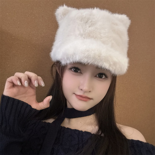 可爱毛茸茸小狐狸棒球帽秋冬天女仿兔毛夹棉保暖帽大头围鸭舌帽子
