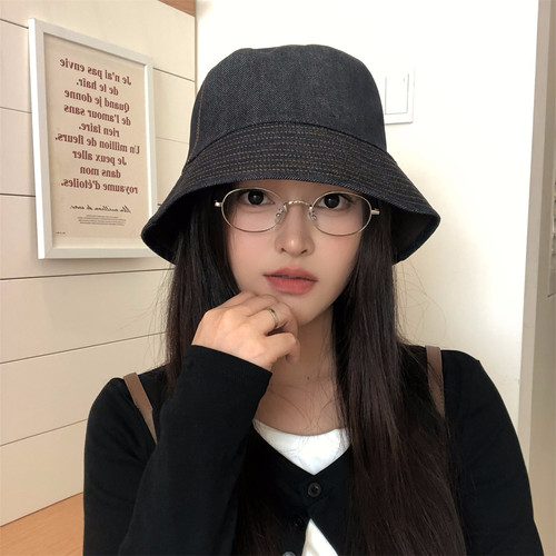 双面牛仔渔夫帽女秋季简约复古棕百搭盆帽男显脸小出游遮阳水桶帽