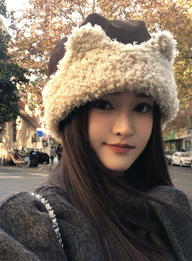 可爱猫耳朵麂皮绒毛绒帽子女冬季加厚保暖包头帽显脸小护耳毛绒帽