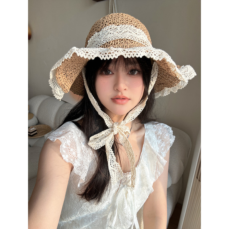 ins系带甜美草帽女夏季出游防帽子