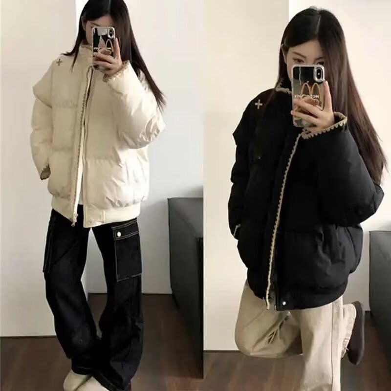 刺绣斜拉链立领短款防寒羽绒服女秋冬季加厚保暖外套面包服