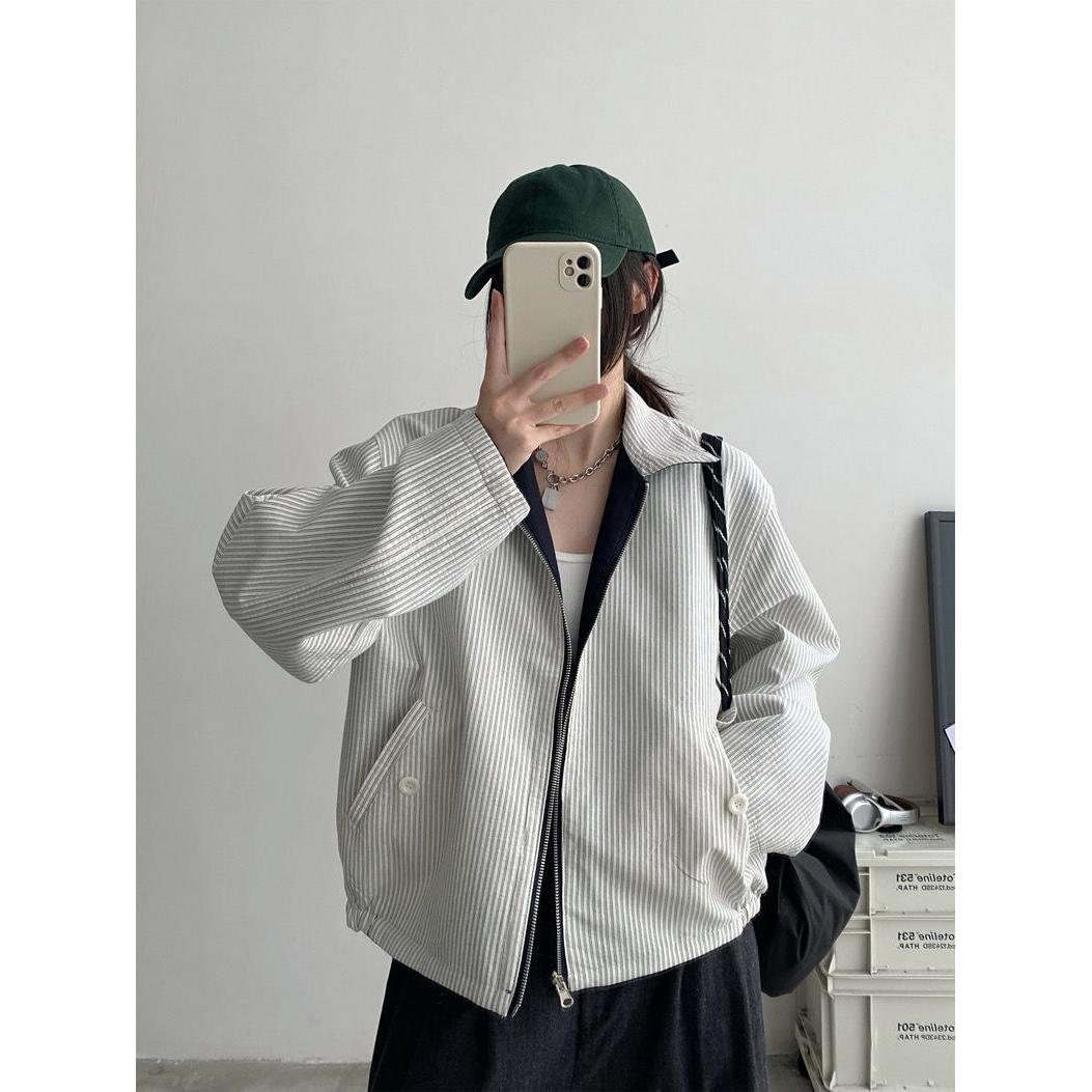新款条纹翻领双面穿夹克