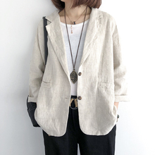 上衣 亚麻西服开衫 宽松休闲中长款 翻领长袖 外套女春秋新款 西装 韩版