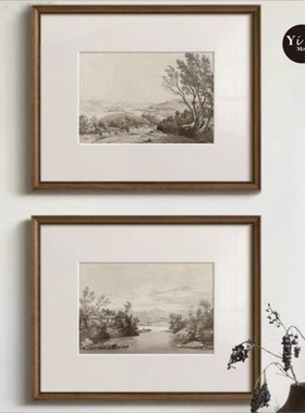 风景素描版画法式黑白复古客厅装饰画美式中古风餐厅玄关走廊挂画