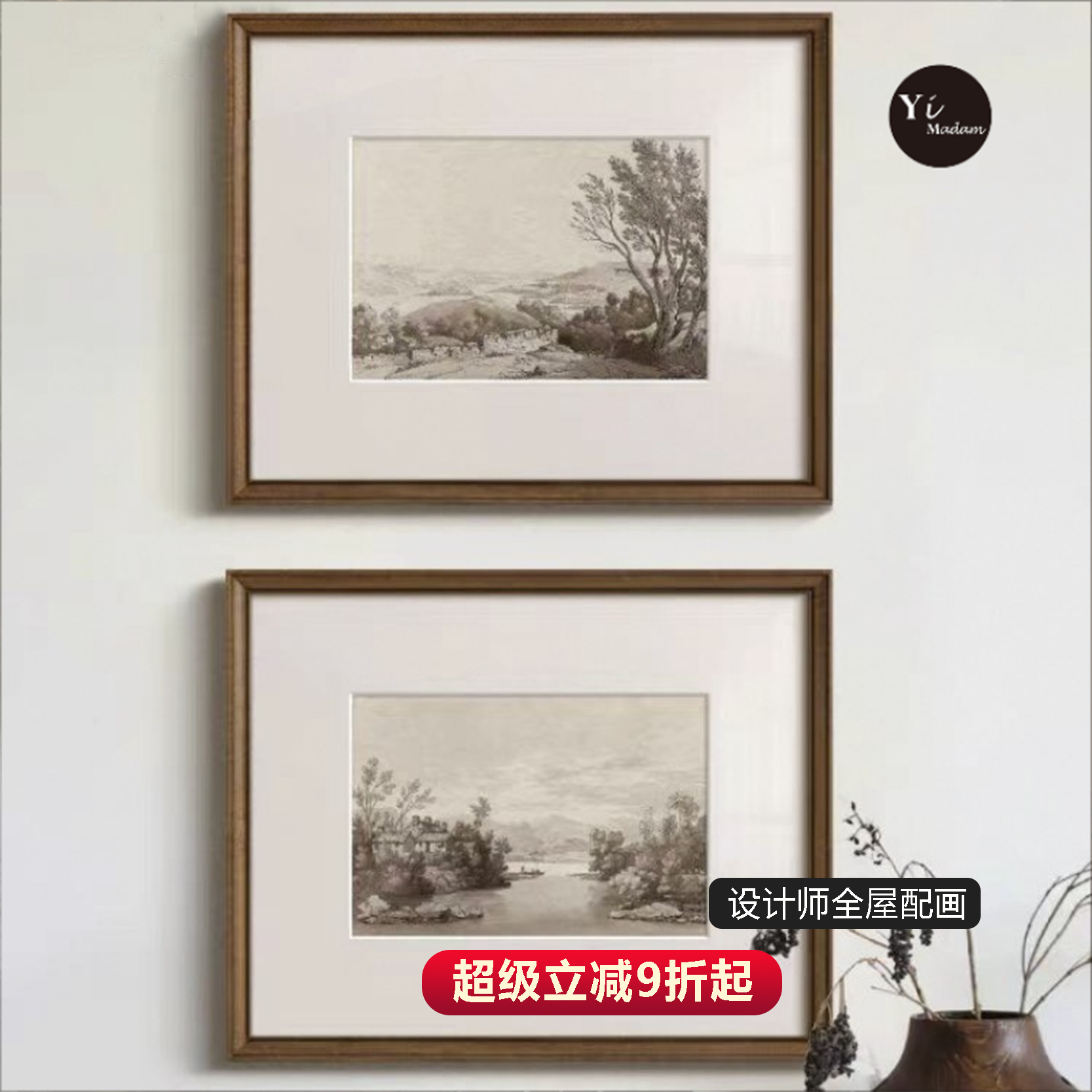 风景素描版画法式黑白复古客厅装饰画美式中古风餐厅玄关走廊挂画图片