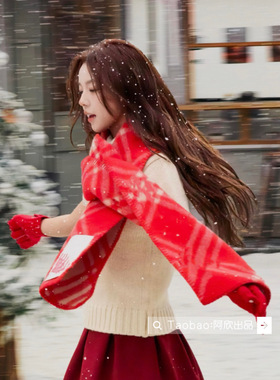 高品质圣诞新年红色格纹围巾女冬季保暖围脖氛围感百搭双面披肩