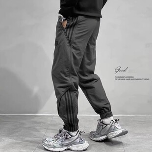 春秋运动长裤子男宽松大码加肥工装束脚冲锋九分休闲裤冰丝速干薄