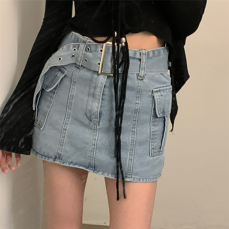 Pocket Wide Belt Hip Denim Skirt口袋宽腰带包臀牛仔裙带内衬