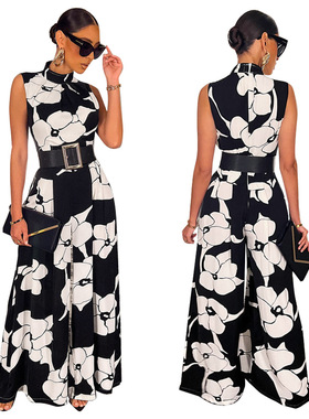 loose jumpsuit2022女装欧美新款露肩性感气质印花阔腿休闲连体裤