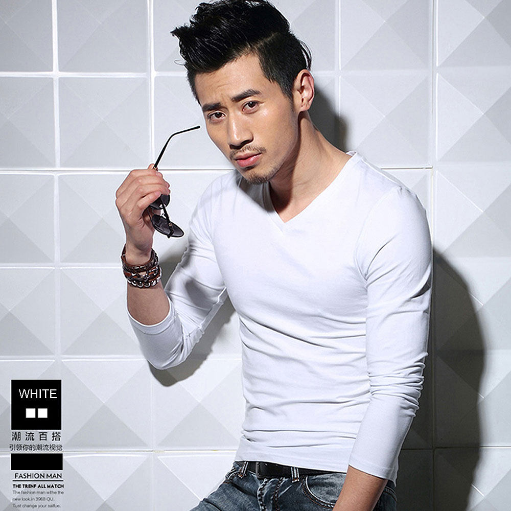 Men Tshirt 男士v领长袖t恤秋季修身运动T桖莫代尔纯棉紧身打底衫
