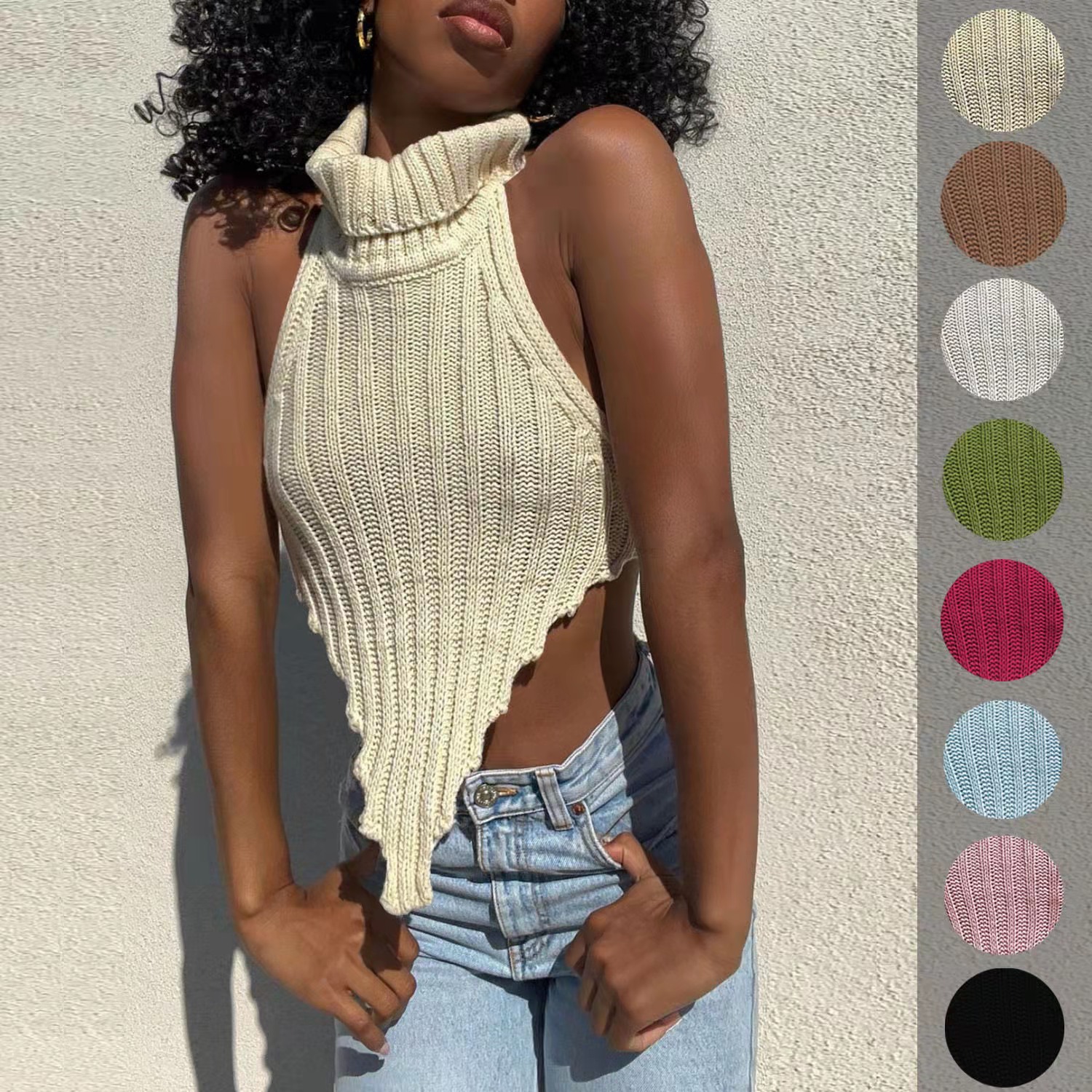 2022 new high collar irregular sexy backless knitted vest