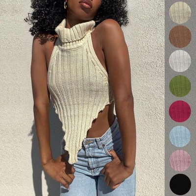 2022 new high collar irregular sexy backless knitted vest