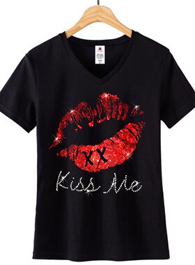 女装短袖红唇T恤镶钻烫钻 Women's Lips Diamonds Cotton T-shirt