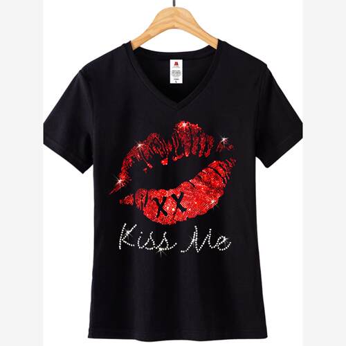 女装短袖红唇T恤镶钻烫钻 Women's Lips Diamonds Cotton T-shirt
