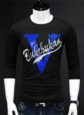 Men Rhinestone T Shirt Cotton Oversized Tees 长袖字母烫钻T恤