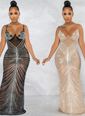 Dress Gown Women Spagetti Straps Party Dress 网纱透视长裙黑