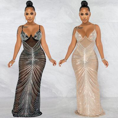 Dress Gown Women Spagetti Straps Party Dress 网纱透视长裙黑