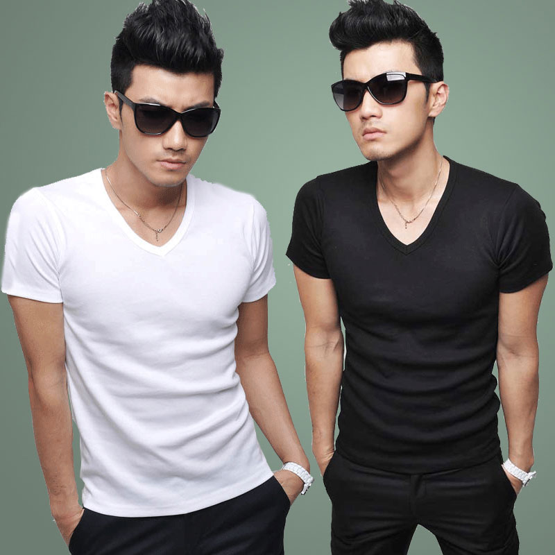 男士夏季圆领白色棉质T恤 Men's V Neck Shorts Sleeve T shirts