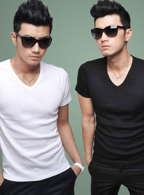 男士夏季圆领白色棉质T恤 Men's V Neck Shorts Sleeve T shirts