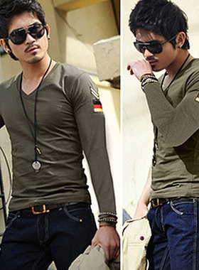 军旅男式长袖修身打底衫 纯色V领套头T恤 Cotton Tees shirts men