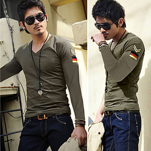 军旅男式长袖修身打底衫 纯色V领套头T恤 Cotton Tees shirts men