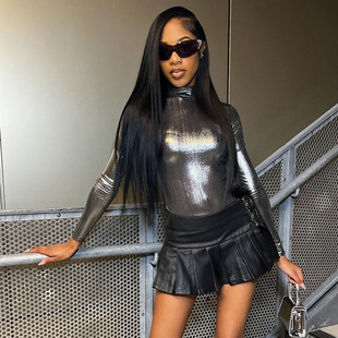 neck high bright silk 高领亮丝连体衣女 Slim jumpsuit fitting