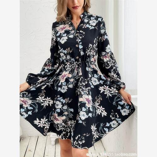 Printed Dress Women Fashion Long Sleeved Short Dresses Lady
