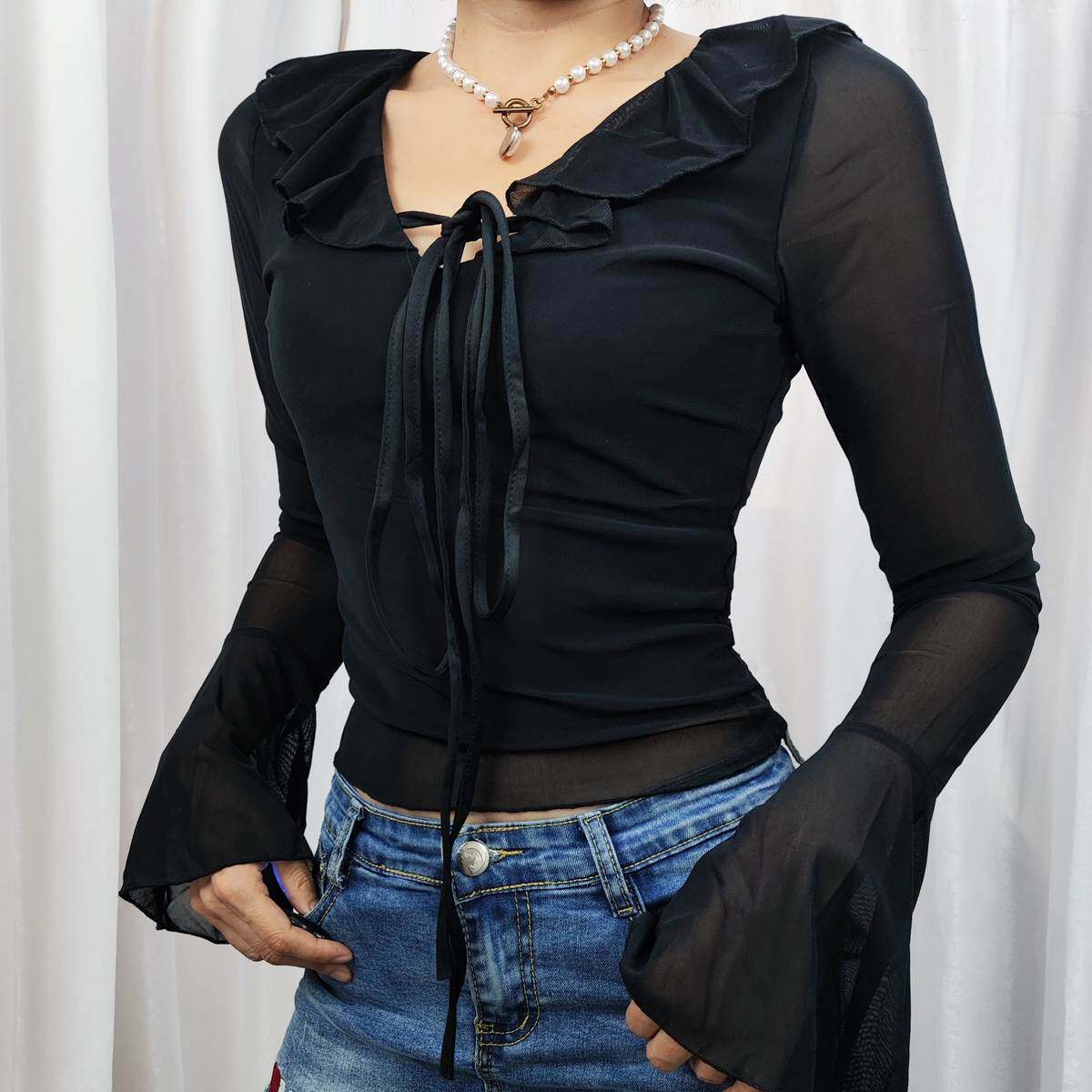 Go Girl同款欧美风V领荷叶边系带黑色网纱长袖T恤女修身短款上衣