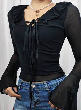 Go Girl同款欧美风V领荷叶边系带黑色网纱长袖T恤女修身短款上衣