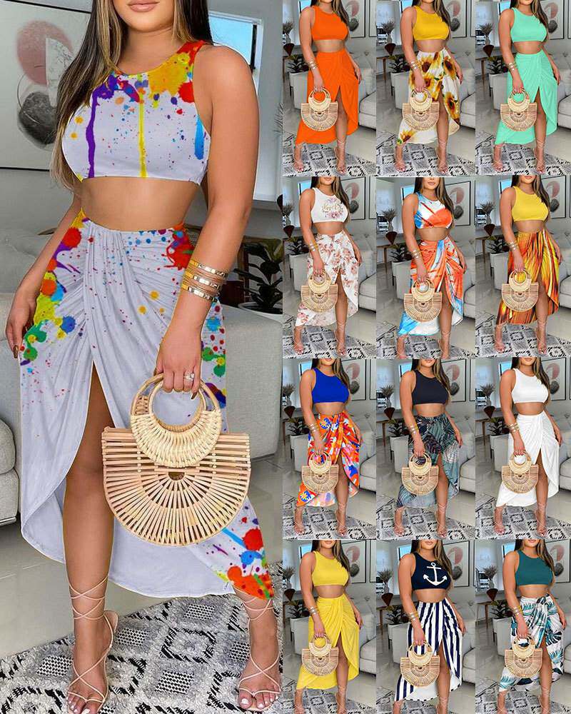 Summer new arrival women's two-piece printed vest skirt