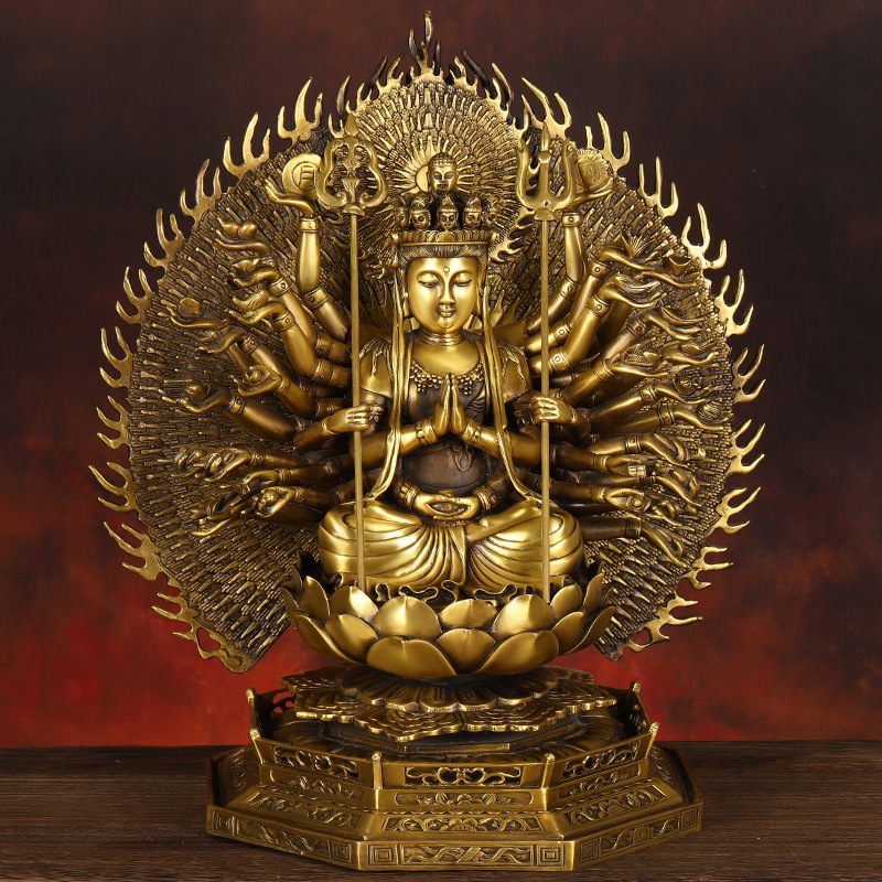 黄坐莲花观世音菩萨佛像全铜千手千眼观音娘娘家用佛堂供养祈福摆