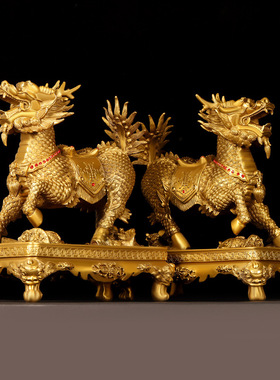 黄铜麒麟摆件一对铜大号八宝麒麟家居供奉公司前台大气铜钻石麒麟
