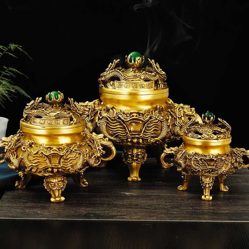 黄铜九龙香炉九转乾坤鼎炉仿古香薰炉家用佛堂檀香熏香三足盘香炉