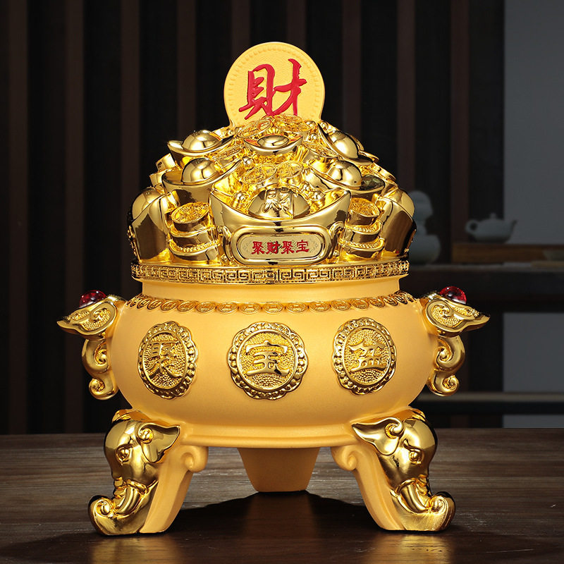 绒沙金聚宝盆存钱罐办公桌室装饰摆件创意树脂工艺品商务开业礼品