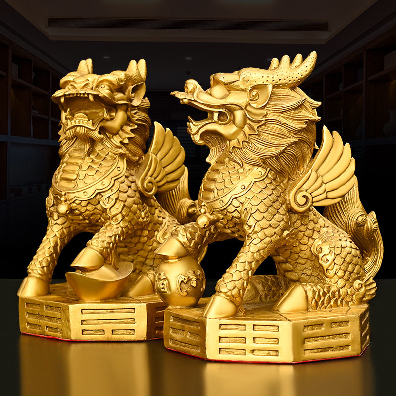 黄铜麒麟摆件铜踩元宝麒麟祝福卧室家居客厅办公室中式摆放装饰品