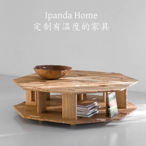 中古风实木六边形锤纹彩绘茶几法式复古高级感家用客厅雕刻咖啡桌