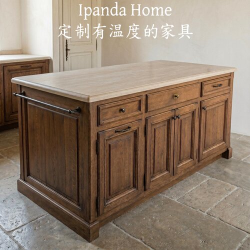 中古风胡桃木色洞石岛台法式复古高级感客厅厨房设计师款中岛柜子