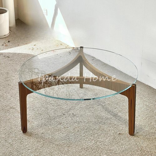 中古风实木玻璃圆形餐桌家用茶几咖啡桌北欧设计师复古茶餐桌子
